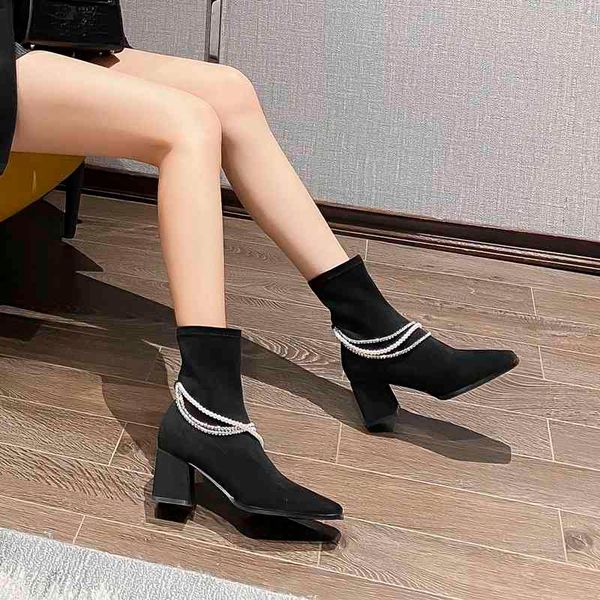 

dress shoes autumn and winter pearl thick heel short tube stretch boots high heels party dress wedding women yl89, Black
