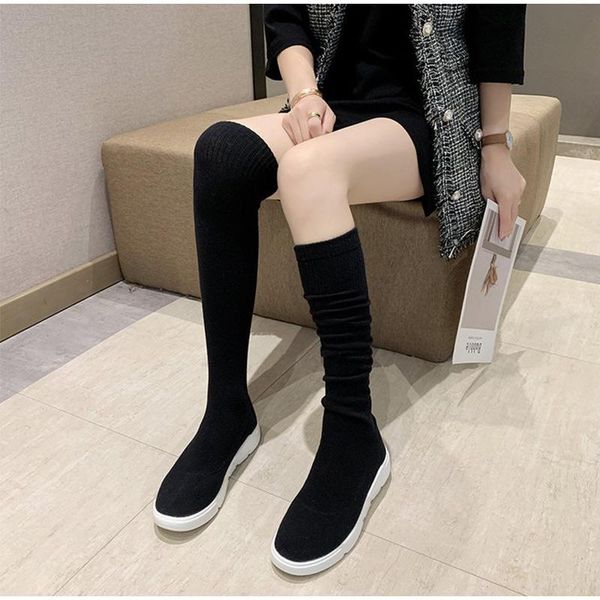

boots spring women sock knitted stretch fabric ladies over the knee platform slip on female casual girl shoes 2021, Black
