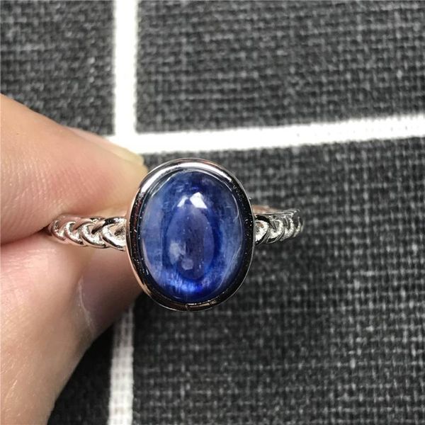 

cluster rings genuine natural kyanite crystal ring for women men 11x10mm stone blue cat eye oval beads love gift fashion jewelry, Golden;silver