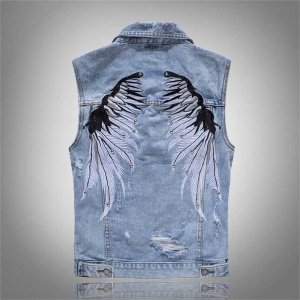 Vests jeans rasgados dos homens com asas Bordado Hi Street Denim Denim sem mangas jaqueta Colete Plus Size M-5XL 211104