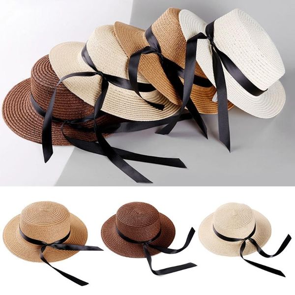 

wide brim hats parent-child women girls summer straw sun hat uv protection flat ribbon bowknot casual travel outdoor beach cap 066f, Blue;gray
