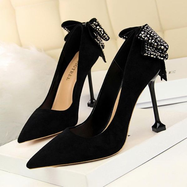 

dress shoes women club super 9.5cm thin high heel pointed toe shallow 2021 ladies fashion slip-on crystal bow party pumps, Black