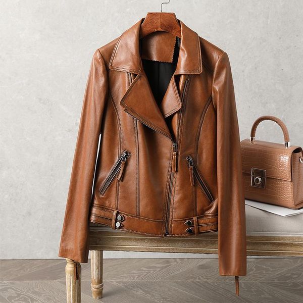 

women's leather & faux shzq pure high waist motorcycle clothes short 2021 autumn sheep jacket small coat, Black