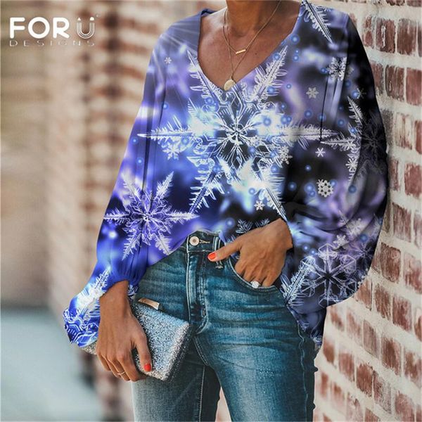 

women's blouses & shirts forudesigns novelty snowflake printing blouse casual v-neck loose long sleeve ladies clothes soft 2021 large s, White