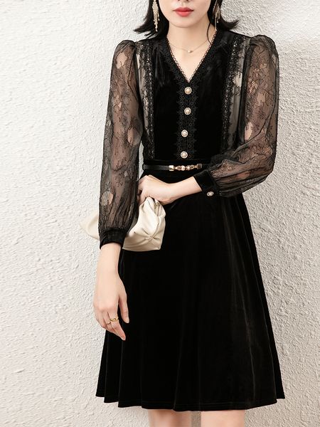 

french hepburn style autumn dress 2021new womens clothing lace v-neck long sleeve mesh gold velvet dress, Black;gray