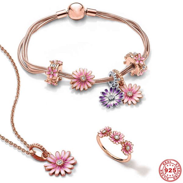 

pink daisy flower s925 silver color garden series multiple snake bone bracelet for women jewelry fit original pandora charms, Golden;silver