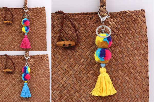 

1pc mix color pompom keychains for women handbag accessorie pompons with tassel jewelry, Silver