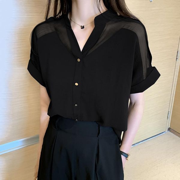 

women's blouses & shirts fashion female mesh stitching chiffon casual shirt office ladies blouse summer for women, White