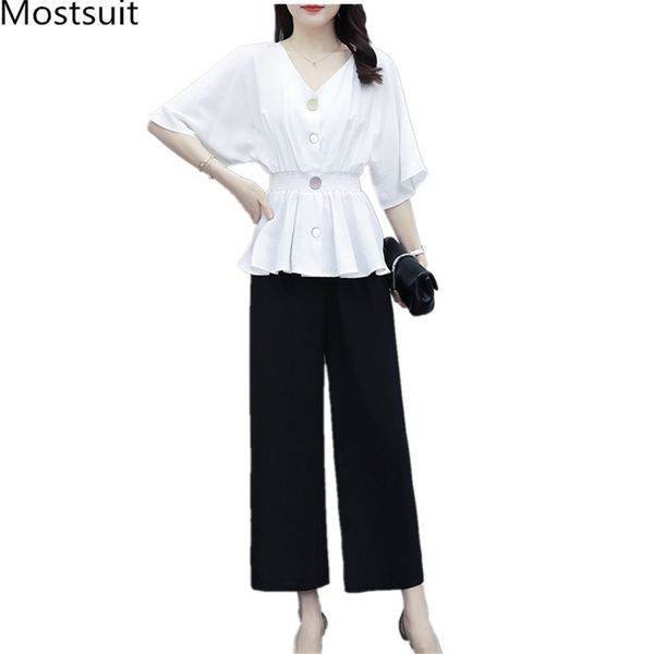 

summer office fashion two piece sets women single-breasted tunic + wide leg pants suits plus size korean casual 210513, White