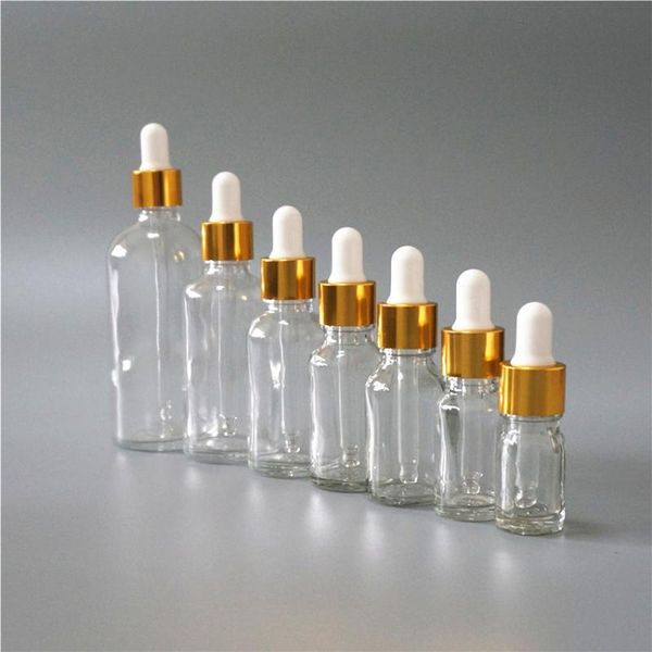 

storage bottles & jars 5/10/15/20/30/50/100ml empty reusable clear essential oil bottle with white rubber head dropper gold cap cosmetic con