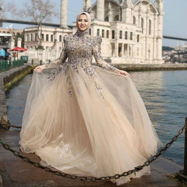 

graceful muslim beaded evening dresses high neck long sleeves lace prom gowns floor length a line tulle formal dress, Black;red