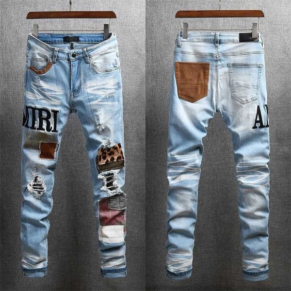 

high street jeans men fashion brand hip hop black patch embroidery stretch slim fit mens 211108, Blue