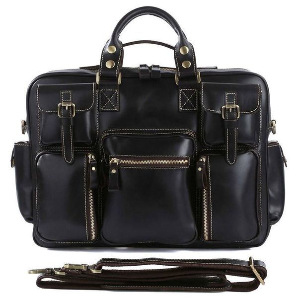 

business briefcase male genuine leather men's bag retro crazy horse handbag multi-pocket tote briefcases