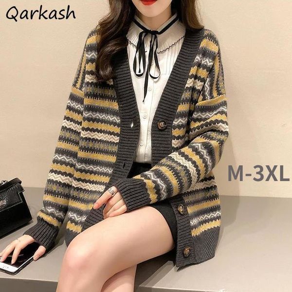 

women's knits & tees cardigan women striped retro autumn cozy knitwear female elegant loose plus size design casual daily single breast, White