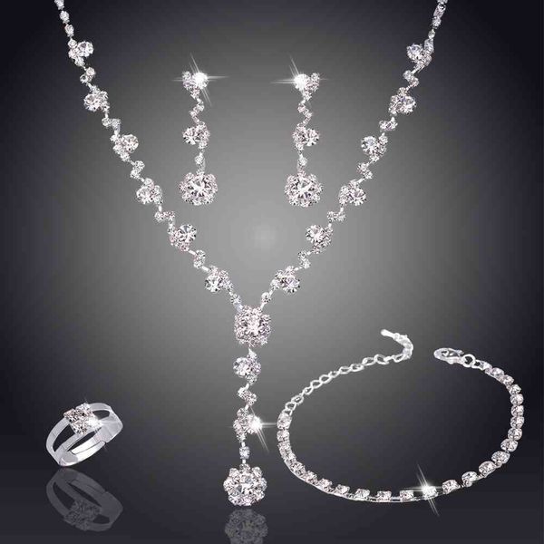 Frauen Silber Farbe Mode Hochzeit Luxus Kristall Perle Halskette/Armband/Ring/Ohrringe Damen Schmuck Sets für braut