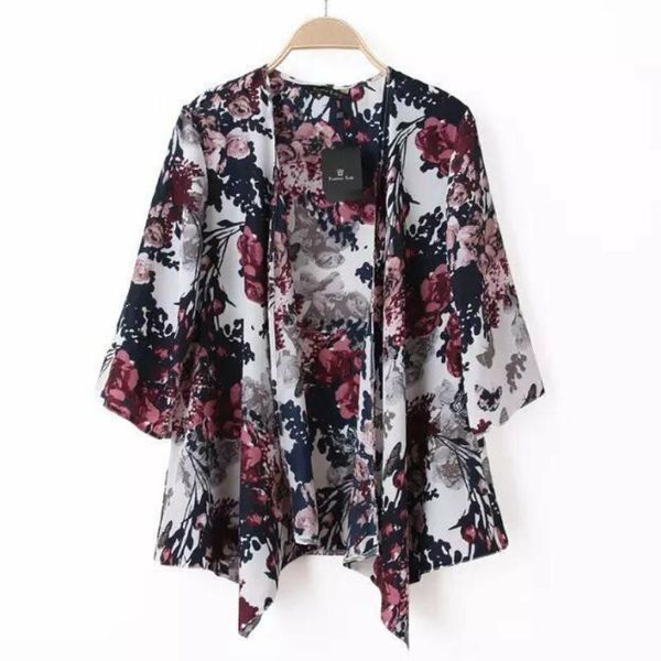 

women's blouses & shirts boho kimono loose casual chiffon blouse shirt floral print long sleeve female fashion v neck chic chemise, White