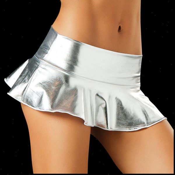 

glitter pu leather low women skirt waist falbala tiered single layered charming micro mini skirts pole dance night clubwear, Black