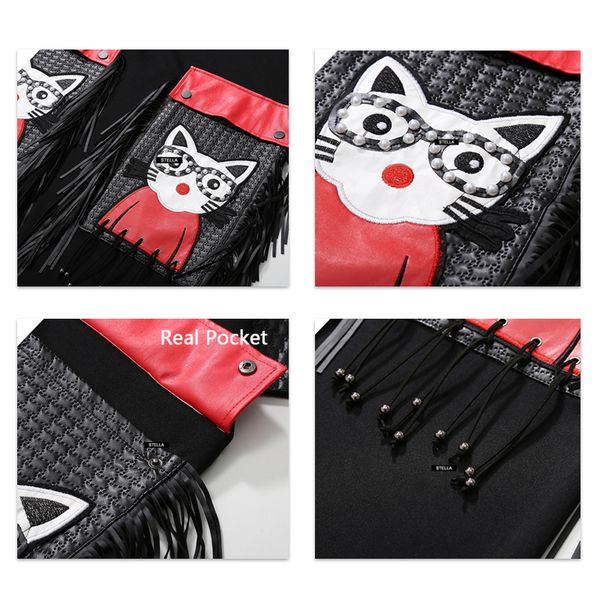 

2021new woman winter unique style black dress plus size midi pu long sleeve cartoon pocket fringes ladies cute large dress robe 3084, Black;gray