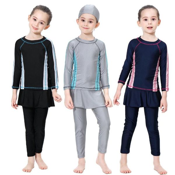 

women's swimwear girls' swimsuit 3-piece set muslim children's diving suit burkinis arab islamic short beach swimming, White;black