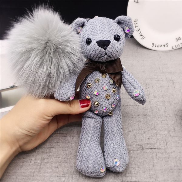 

stick drill cartoon bear bag pendant real hair key ring accessories lady schoolbag, Silver