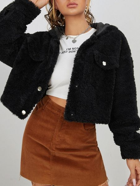 

flap pocket hooded teddy jacket a4d4#, Black;brown