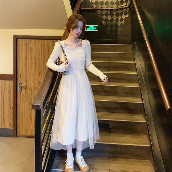 

casual dresses vintage mesh knitted dress women long sleeves a-line square collar elegant party female clothings year fashion 2021, Black;gray