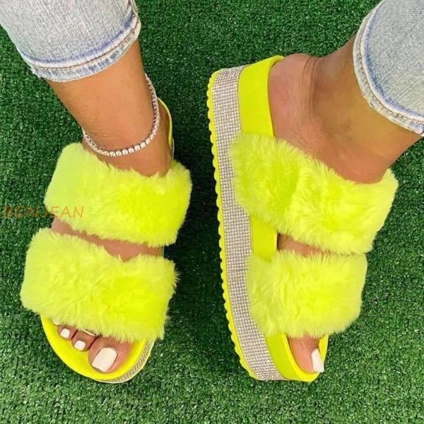 

women fur slippers rhinestone platform flat heel thick sole candy colors crystal summer slides sandals ladies shoes big size 0227, Black
