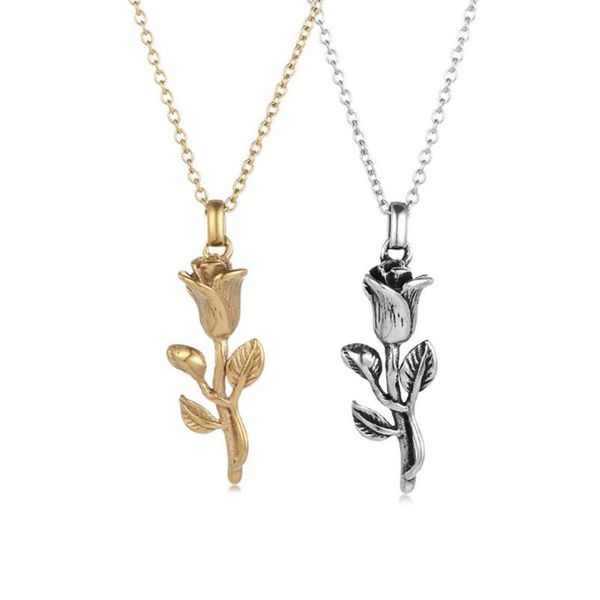 

chains stainless steel gold rose flower women vintage delicate pendant necklace jewelry gift with chain for him, Silver