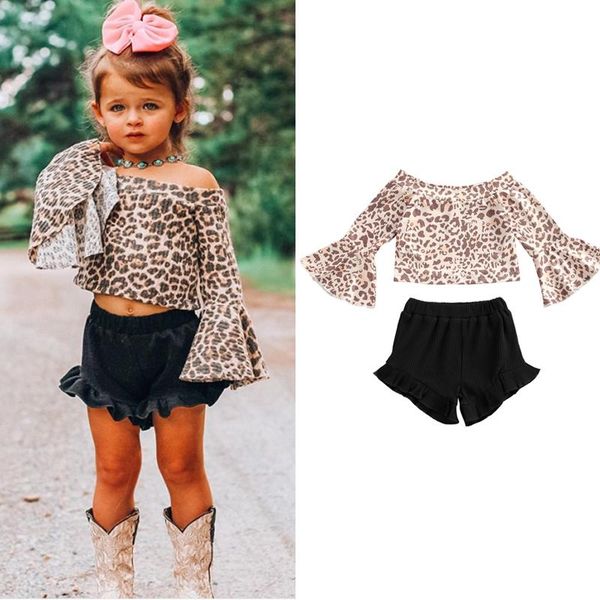 

clothing sets 2021 summer fashion baby girls clothes 2pcs off shoulder leopard printed flare sleeve t shirts shorts 0-3y, White