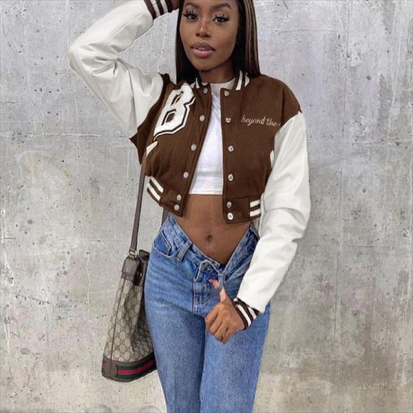 

women's jackets winter women patchwork short sporty jacket autumn casual letter print button baseball coat varsity fashion femme sweats, Black;brown