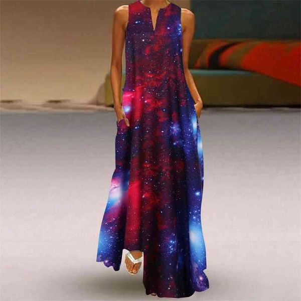 3D Starry Sky Print Abiti lunghi Donna Moda scollo a V senza maniche Maxi Swing Dress Donna Estate Casual Ladies Vestidos 210517