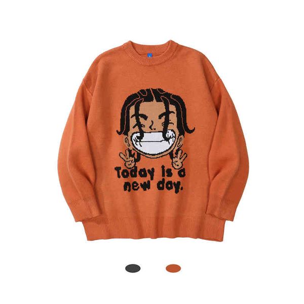 

knitted casual funny cartoon letter pullovers autumn winter spoof men sweater america street oversized male pullover, White;black