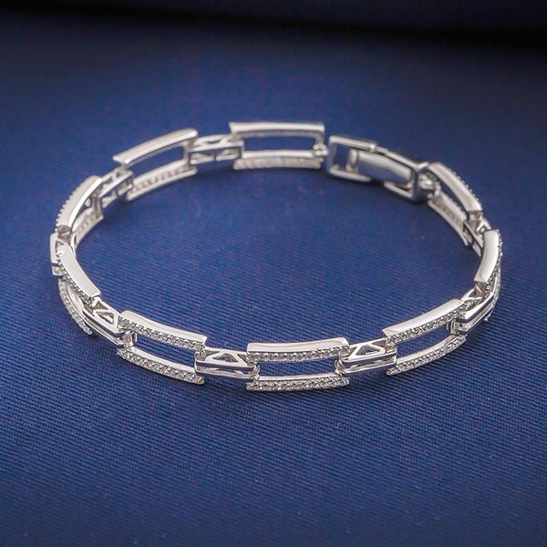 

real 925 silver 15.5-17.5cm bracelet pave zircon long square shape cool daily wear fine jewelry ol lady, Golden;silver