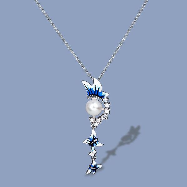 

chains elegant pearl blue butterfly tassel pendant necklace fashion handmade enamel ladies sweater chain silver 925 jewelry