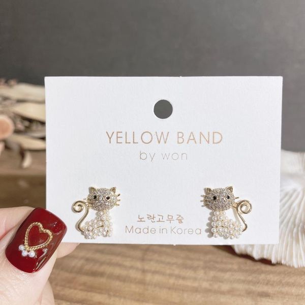 

hoop & huggie s925 silver needle cute cat earrings simple temperament micro inlaid zircon female commuter personality stud, Golden;silver