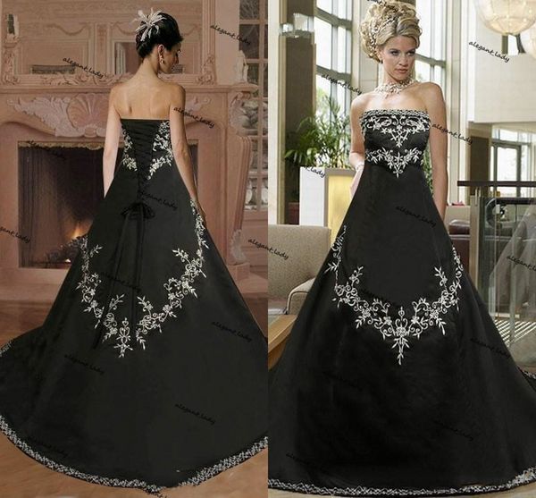 Vintage schwarze Gothic-Brautkleider mit Stickerei 2021 trägerloses Schnür-Korsett am Rücken, Perlenfleck, Land-Brautkleid, Vestidos de Marriage