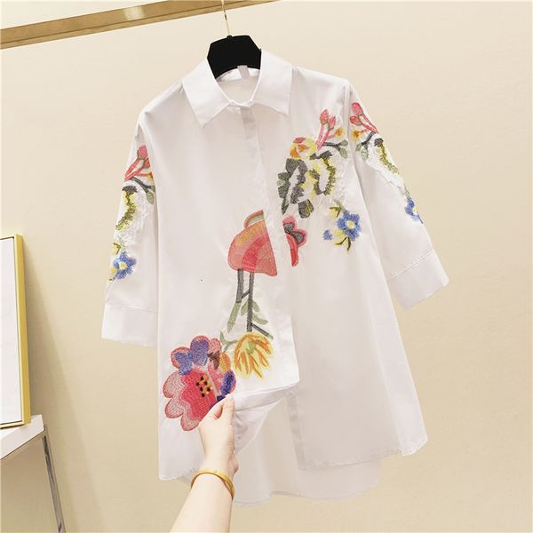 

blouses autumn long loose blouse women retro embroidery flower mid-length three quarter sleeve shirt for woman ladies blouses, White