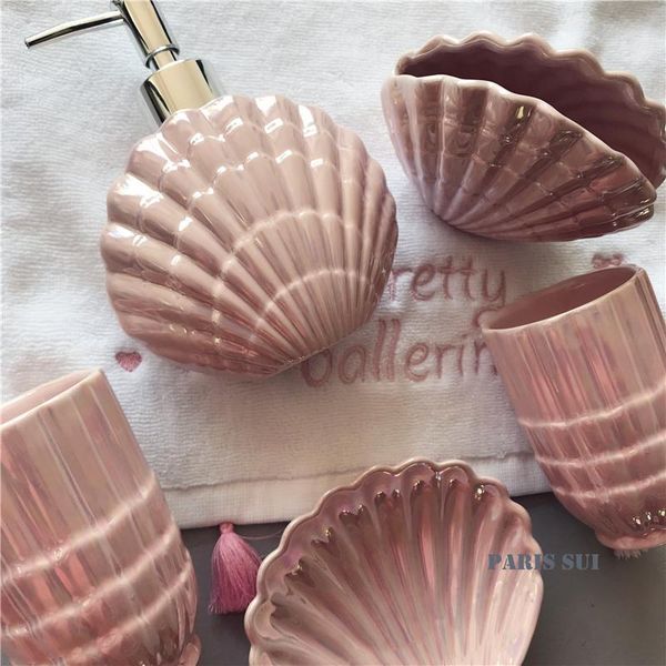 

bath accessory set 5-piece bathroom ceramic pink shell-shaped mouthwash cup, toothbrush holder, soap dish, lotion bottle kit, decoration