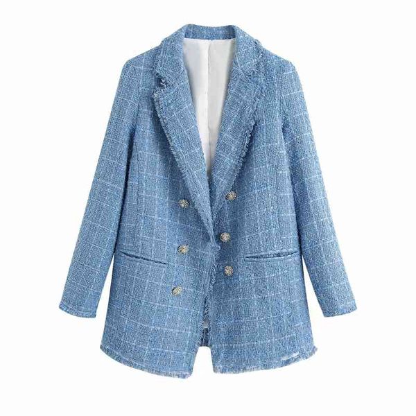 Tweed mulheres vintage azul blazers moda senhoras elegante grosso blazer jaquetas casuais fêmea solta terno meninas chique jaqueta 210427