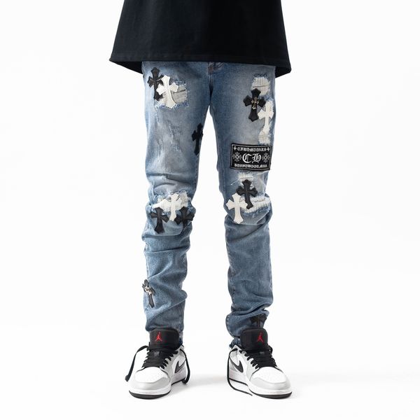 

for luxury ch cross patch jeans crosin light young men's slim casual zipper leggings, Black