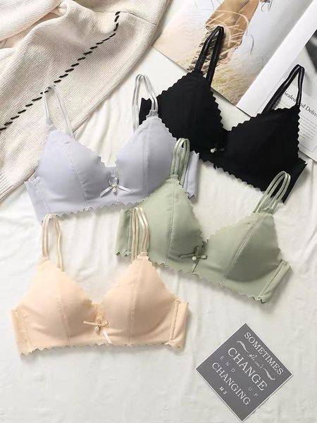 

bras 3/4 cup wire thin no steel ring simple bow lingerie seamless women ice slik smooth triangle bra, Red;black