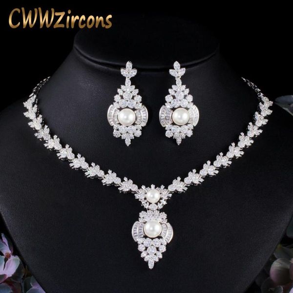 

earrings & necklace cwwzircons elegant vintage white cubic zirconia bridal wedding big pearl and earring jewelry sets for women party t486, Silver