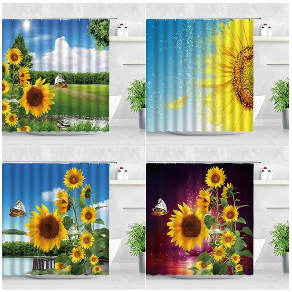 

shower curtains natural scenery sunflower curtain set butterfly yellow flowers summer landscape waterproof fabric bathroom decor