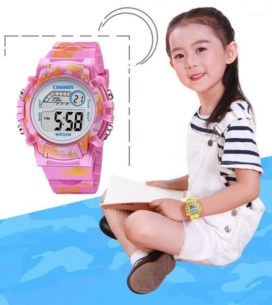

colorful flash digital waterproof alarm navy blue camouflage kids watches for boys girls date week creative children's clock wristwatch, Slivery;brown