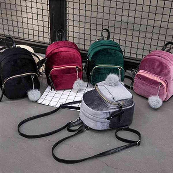 

women backpacks velvet backpack veludo schoolbag zipper with pompom fashion casual mini female bags mochila