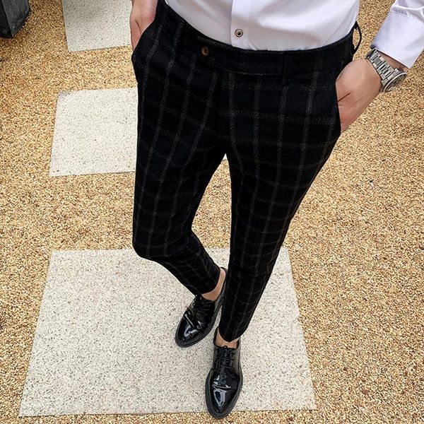 

fashion korean slim men business casual plaid print long pants men's suits trousers, Black