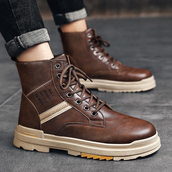 

2021 autumn winter martin boots british high men's middle leather shoes ins tooling korean fashion short, Black