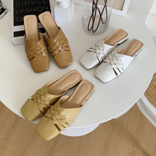 

slippers shoes woman 2021 low square toe female luxury slides designer cover fashion pu fretwork basic hoof heels fabric, Black