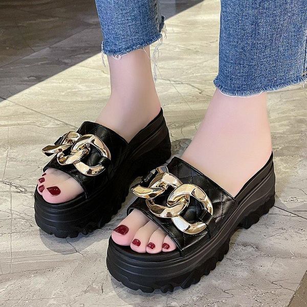 

slippers summer metal chain wedge women open toe chunky platform slides woman comfortable soft bottom beach shoes, Black