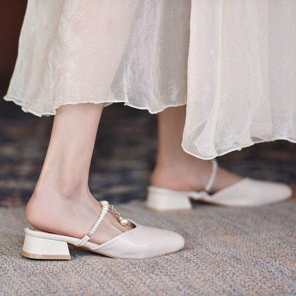 

dress shoes women's sandals and slippers female summer 2021 pearl thick heel half drag muller fairy style, Black